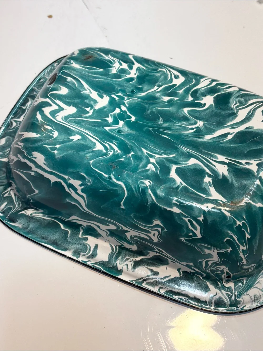 vintage rectangular enamelwear baking pan teal white swirl pattern
